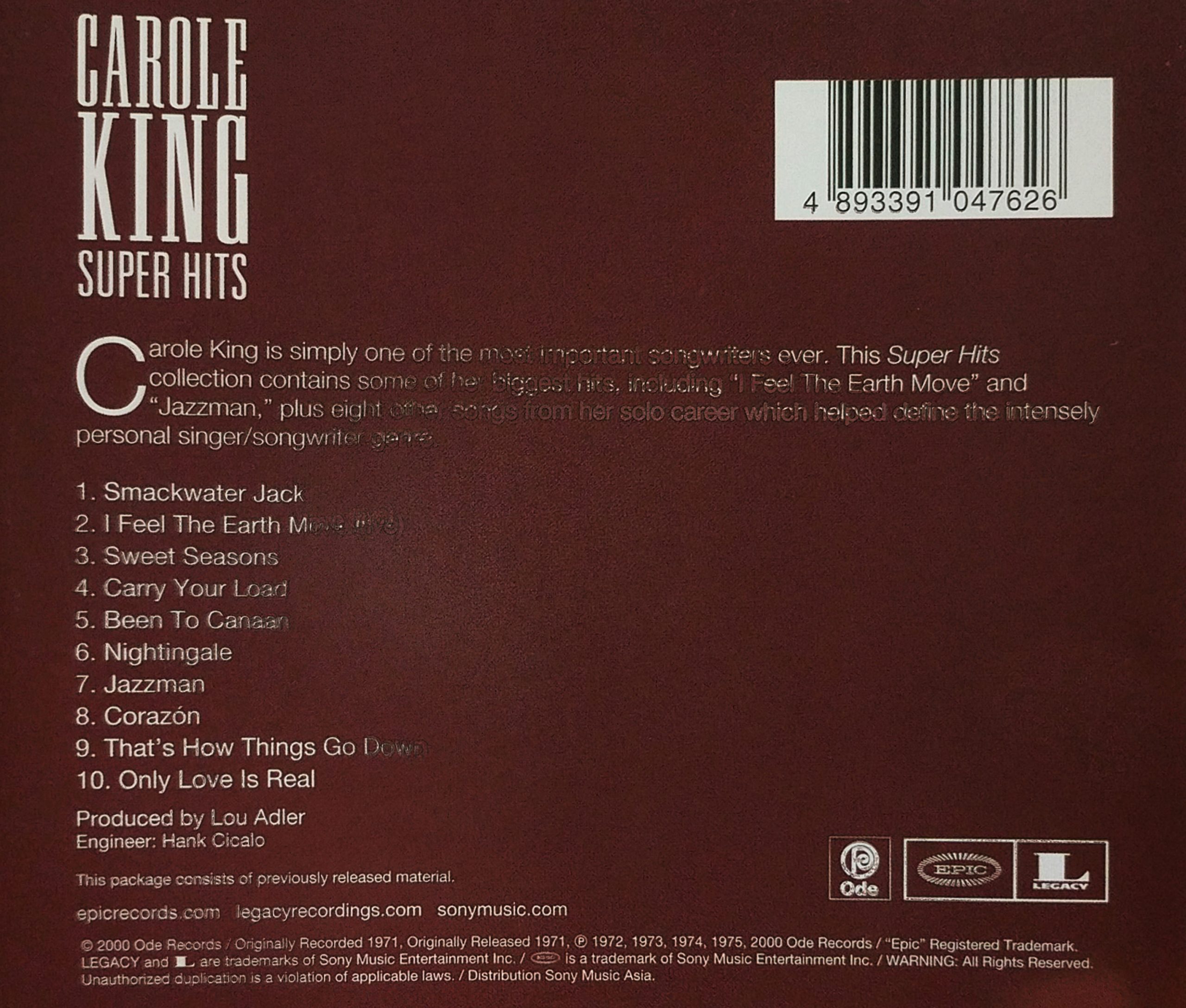 CAROLE KING - SUPERHITS - VINTAGE CLASSIC ROCK MUSIC - BACK COVER