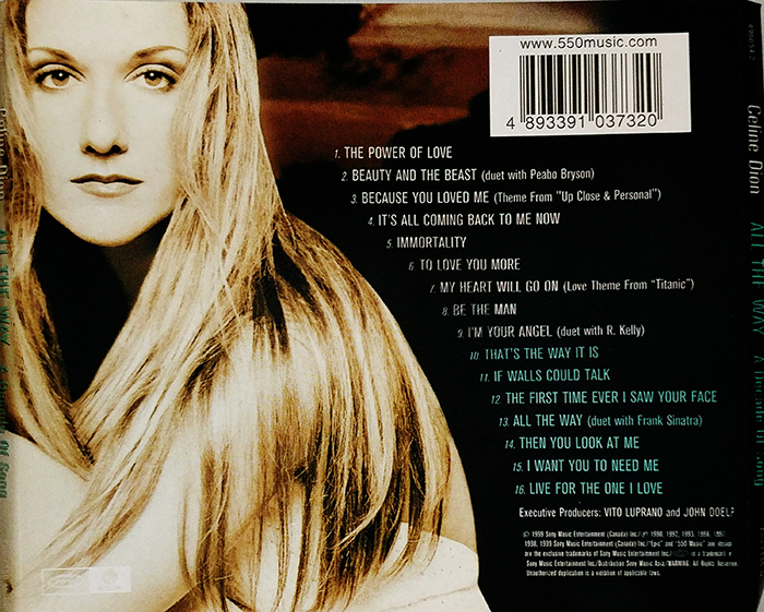 CELINE DION - ALL THE WAY A DECADE OF SONG - VINTAGE CLASSIC POP SONG - BACK COVER