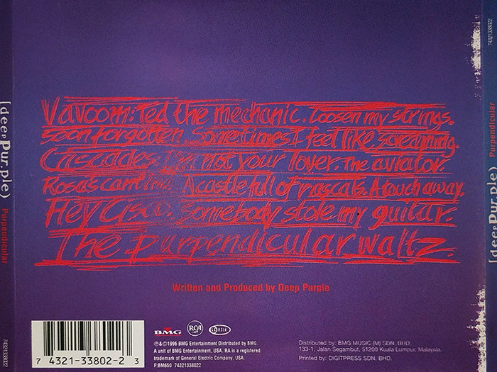 DEEP PURPLE - PURPENDICULAR - VINTAGE CLASSIC HARD ROCK, HEAVY METAL - BACK COVER