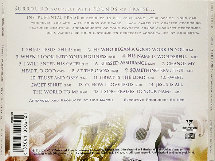 GREAT IS THE LORD - INSTRUMENTAL PRAISE - VINTAGE CLASSIC WORSHIP - BACK COVER