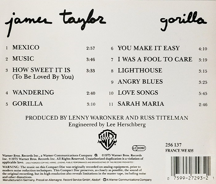 JAMES TYLOR - GORILLA - VINTAGE CLASSIC SOFT ROCK , FOLK , FOLK ROCK MUSIC - BACK COVER