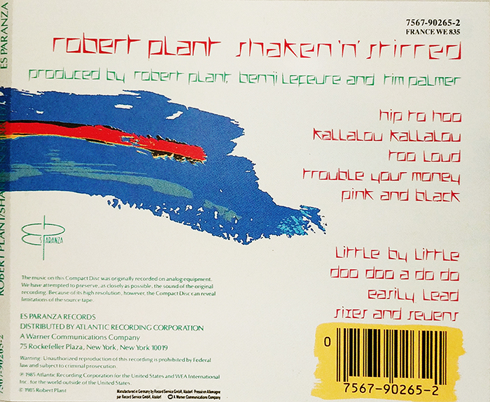 ROBERT PLANT - SHAKEN AND STIRRED - VINTAGE CLASSIC ROCK, NEW WAVE, POST-PUNK, ALTERNATIVE ROCK MUSIC - BACK COVER