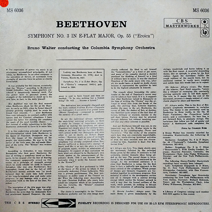 BEETHOVEN BRUNO WALTER EROICA - VINTAGE CLASSIC - BACK COVER