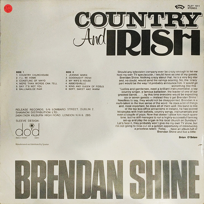 SYOKSYOKSONGSONG, Brendan Shine, Country And Irish, PLAY RECORDS, UK, 1975, VINTAGE CLASSIC Folk, World, Country MUSIC, BACK COVER RECORD