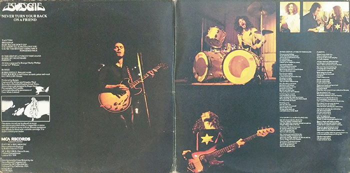 SYOKSYOKSONGSONG, Budgie, Never Turn Your Back On A Friend, MCA Records, UK, 1973, VINTAGE CLASSIC ROCK MUSIC, CENTER COVER RECORD