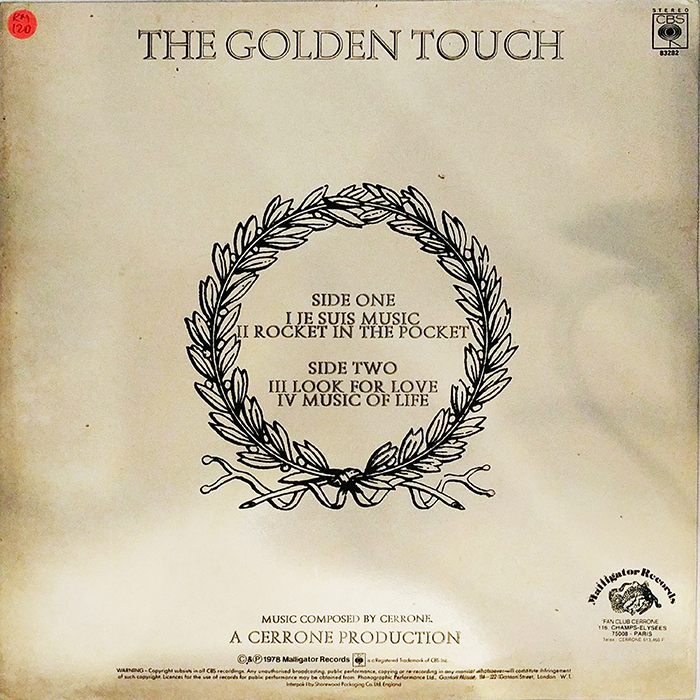 SYOKSYOKSONGSONG, CERRONE IV, THE GOLDEN TOUCH, MALLIGATOR RECORDS, CBS, US, 1978, VINTAGE CLASSIC DISCO MUSIC, BACK COVER RECORD