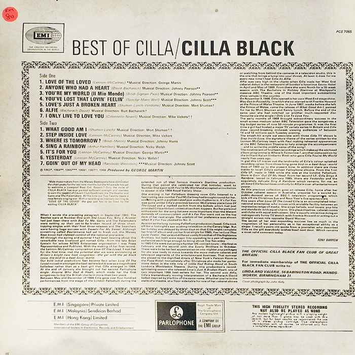 SYOKSYOKSONGSONG, CILLA BLACK, THE BEST OF CILLA BLACK, EMI RECORDS, UK, 1968, VINTAGE CLASSIC POP MUSIC, BACK COVER RECORD