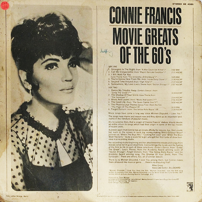 SYOKSYOKSONGSONG, Connie Francis, Movie Greats Of The 60s, MGM RECORDS, US, 1966, VINTAGE CLASSIC POP MUSIC, BACK COVER RECORD