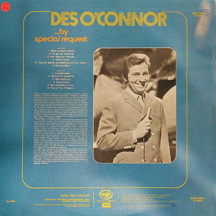 SYOKSYOKSONGSONG, DES OCONNOR, BY SPECIAL REQUEST, EMI RECORDS, UK, 1969, VINTAGE CLASSIC POP MUSIC, BACK COVER RECORD