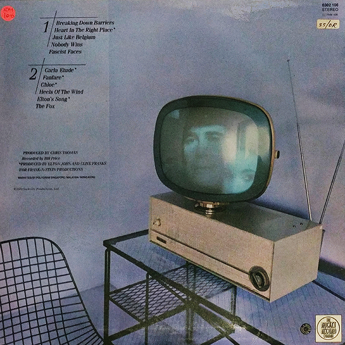 SYOKSYOKSONGSONG, ELTON JOHN, THE FOX, POLYGRAM RECORDS, UK, 1981, VINTAGE CLASSICAL ROCK, POP MUSIC, BACK RECORD COVER