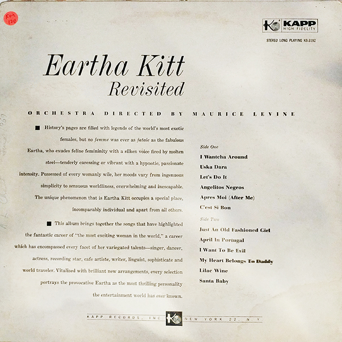SYOKSYOKSONGSONG, Eartha Kitt, Revisited, KAPP RECORDS, UK, 1960, VINTAGE CLASSIC JAZZ, POP MUSIC, BACK COVER RECORD