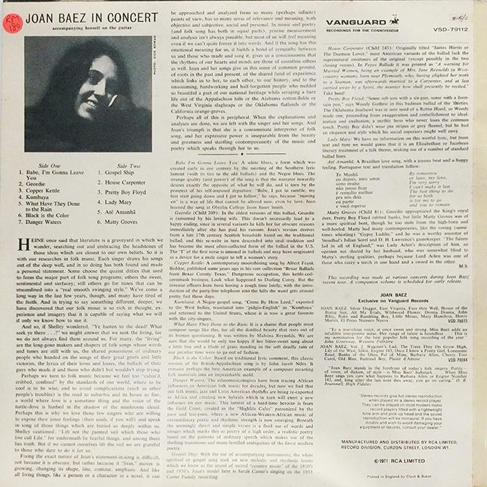 SYOKSYOKSONGSONG, Joan Baez, In Concert, Vanguard RECORDS, UK, 1971, VINTAGE CLASSIC ROCK MUSIC, BACK COVER RECORD