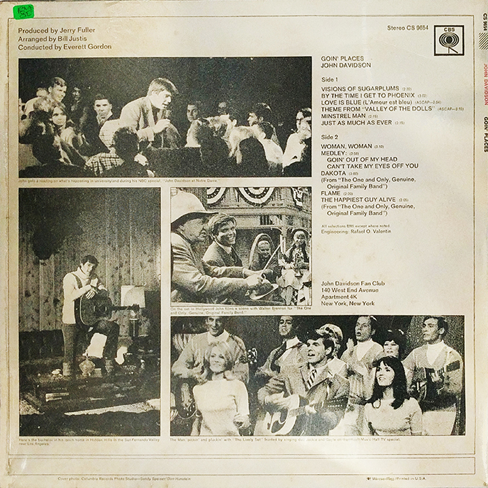 SYOKSYOKSONGSONG, John Davidson, Goin Places, COLUMBIA RECORDS, CBS, US, 1968, VINTAGE CLASSIC POP MUSIC, BACK COVER RECORD