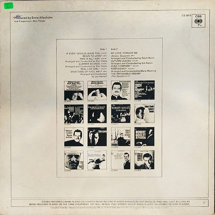 SYOKSYOKSONGSONG, ROBERT GOULETS, GREATEST HITS, CBS RECORD, 1969, American singer, ACTOR, VINTAGE CLASSIC POP MUSIC, BACK COVER RECORD