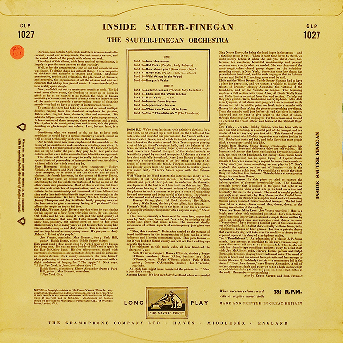SYOKSYOKSONGSONG, The Sauter-Finegan Orchestra, Inside Sauter-Finegan, His Master's Voice RECORD, UK, 1954, JAZZ, BACK COVER
